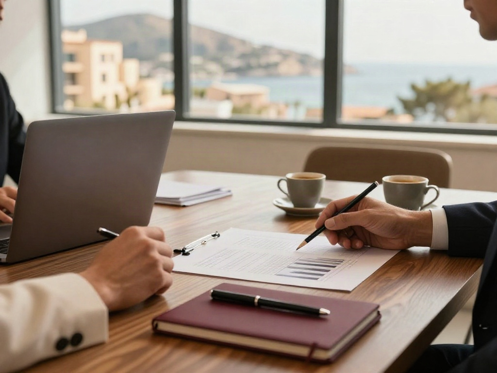 A focused review of business analytics and performance charts at a meeting table